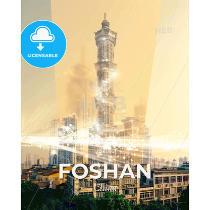 Foshan Cityscape Skyline Double Exposure Poster - A tall building with many lights - Square format print template