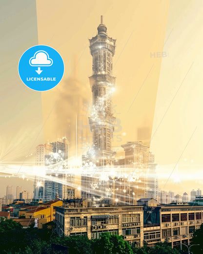 Foshan Cityscape Skyline Double Exposure Poster - A tall building with many lights