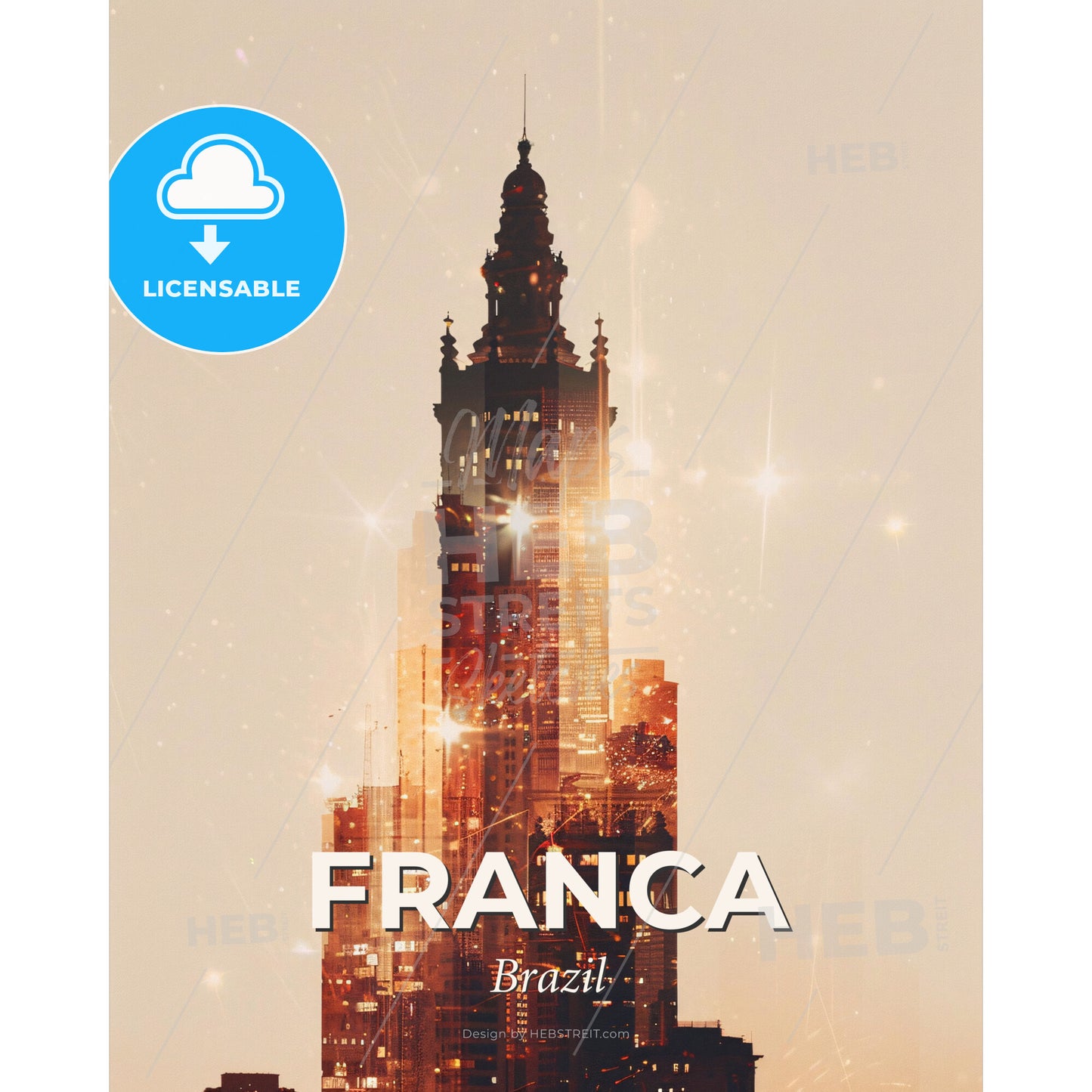 Franca City Bright Beige Poster Skyline Sparkling - A city skyline with a tall tower - Square format print template