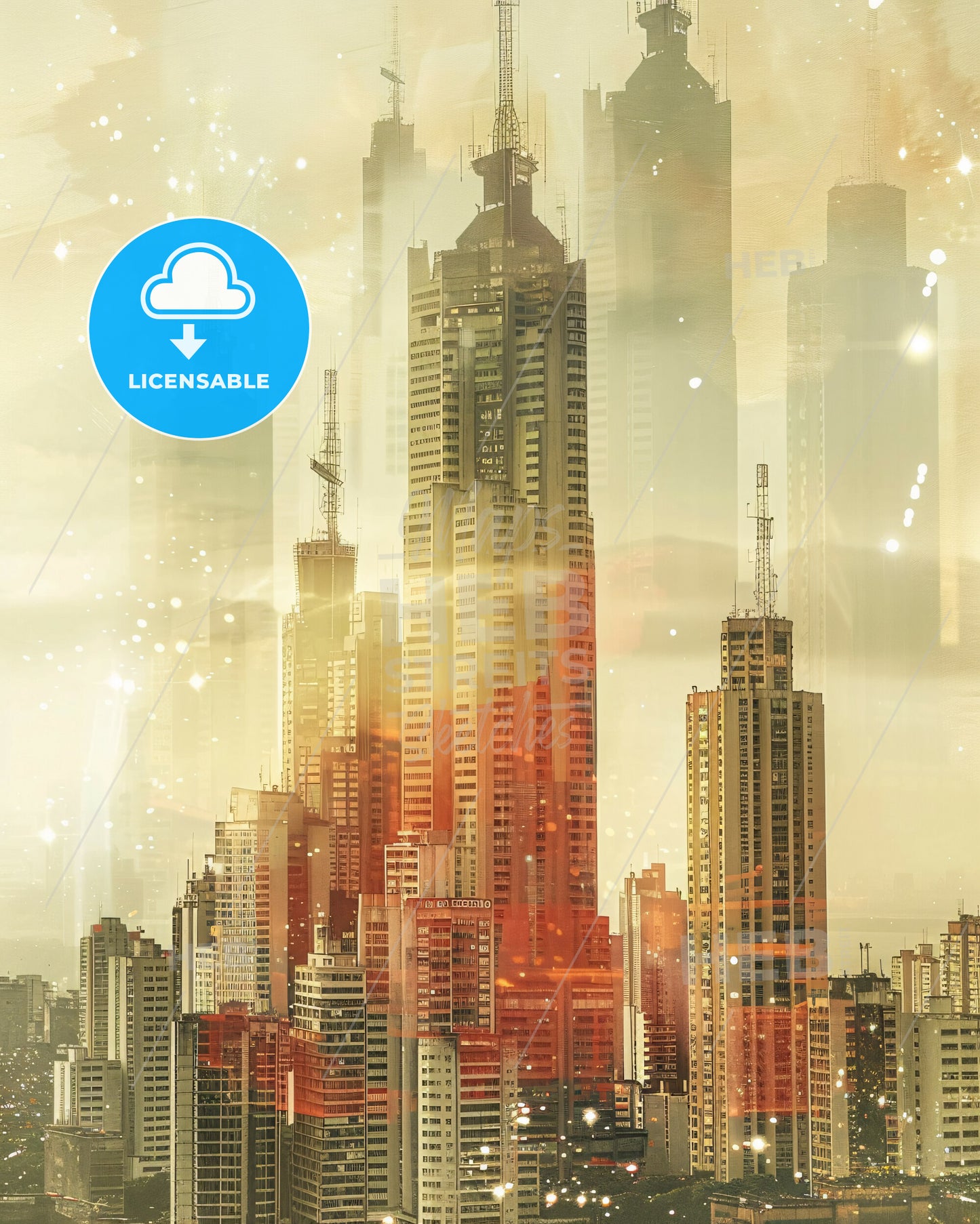 Franca Cityscape Double Exposure Art Poster - A city skyline with many tall buildings