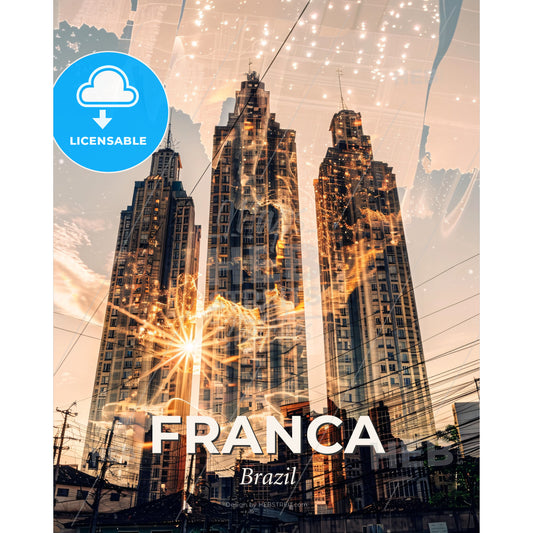 Franca Brazil Skyline Landmarks Poster - A city with tall buildings and a map - Square format print template