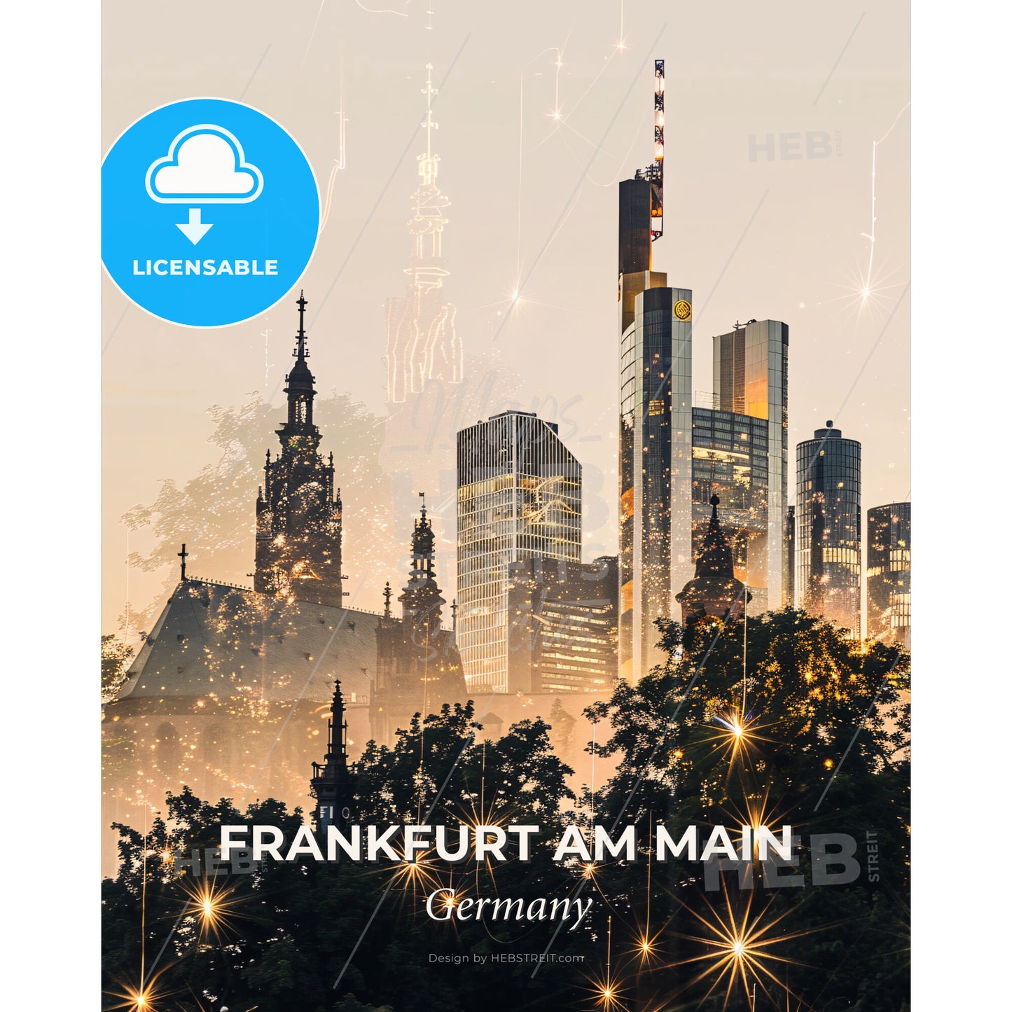 Frankfurt Skyline Double Exposure Art Poster - A city skyline with trees and stars - Square format print template