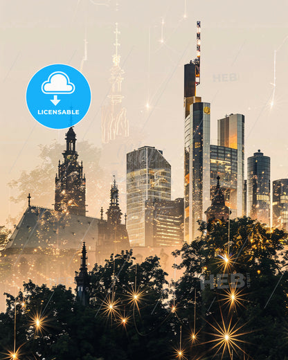 Frankfurt Skyline Double Exposure Art Poster - A city skyline with trees and stars