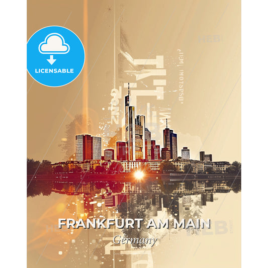 Frankfurt Skyline City Lights Artwork - A city skyline with a reflection of the water - Square format print template