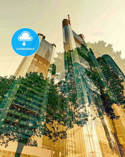 Frankfurt Skyline Silhouette Double Exposure Art Poster - A group of tall buildings with trees