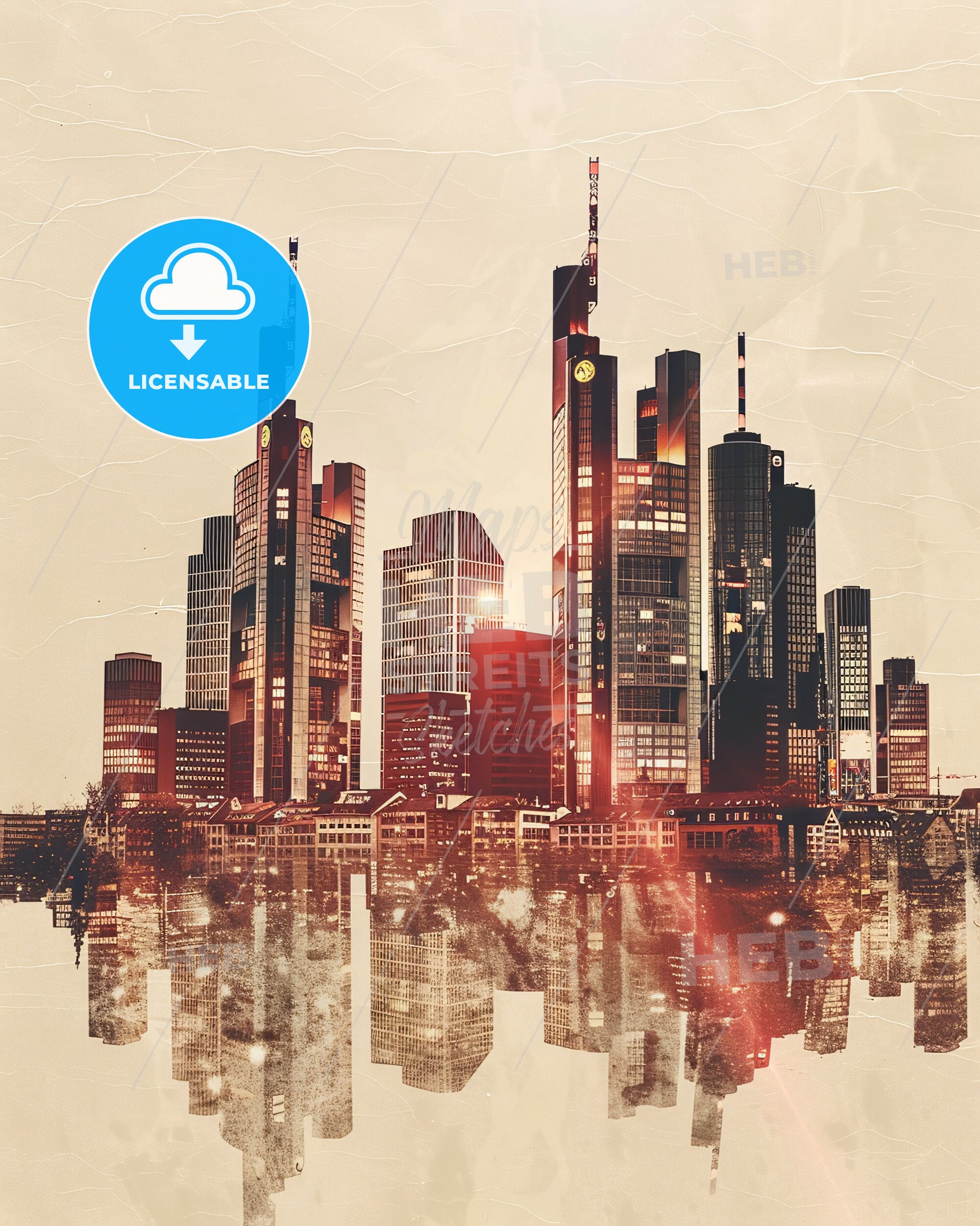 Frankfurt am Main Cityscape Silhouette Skyline Poster - A city skyline with many tall buildings reflecting in water