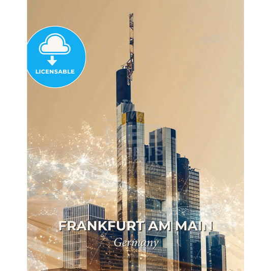Frankfurt Skyline Iconic Beige Poster Art - A tall building with fireworks - Square format print template
