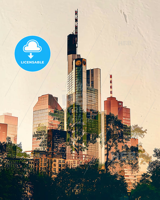 Frankfurt am Main Double Exposure Skyline Poster - A tall building with a tall tower