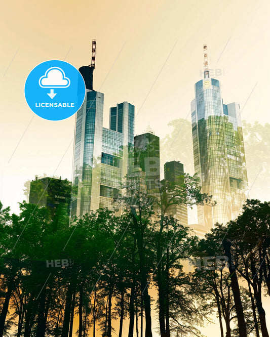 Frankfurt City Silhouette Art Poster on Beige - A tall buildings with trees in the background