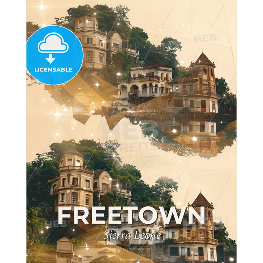 Freetown Sierra Leone, City Skyline Glow - A group of buildings on a hill - Square format print template