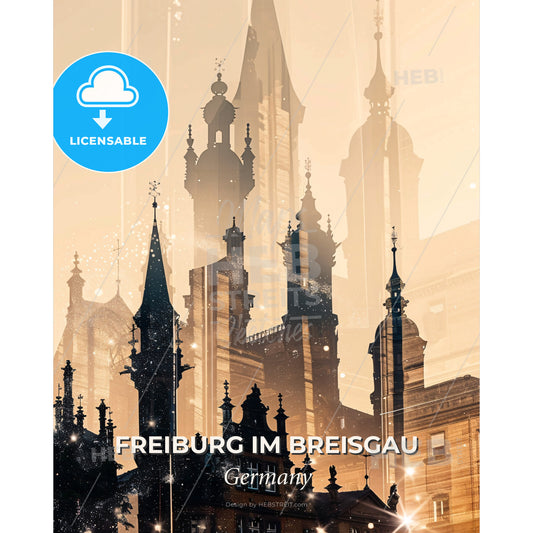 Freiburg im Breisgau: Double Exposure City Skyline - A city skyline with tall towers - Square format print template