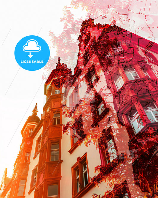 Freiburg Skyline Silhouette Minimalist Double Exposure Art Print - A building with a red and white building