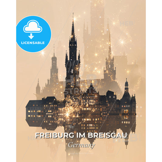 Freiburg im Breisgau City Skyline Poster Art - A city with lights reflecting in water - Square format print template