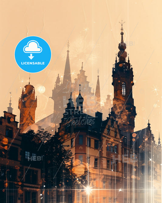 Freiburg Skyline Double Exposure Blistered Paper Poster - A building with towers and trees