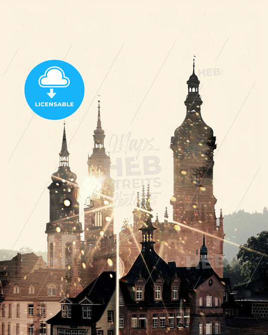 Freiburg City Skyline Composite Poster Art - A sun shining through a building