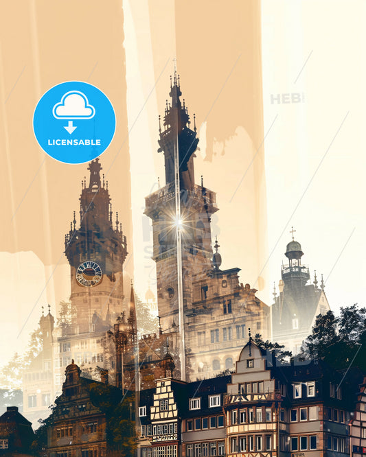 Freiburg im Breisgau Skyline Poster - Beige - A double exposure of a building with a clock tower