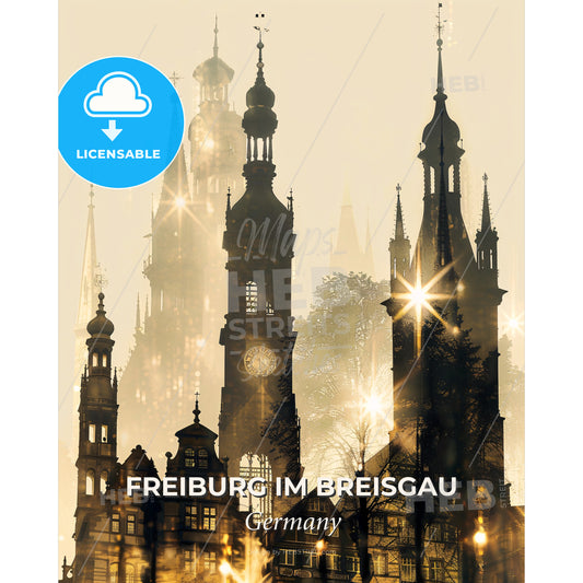Freiburg im Breisgau Art Skyline Composite Poster - A large building with towers and a clock - Square format print template