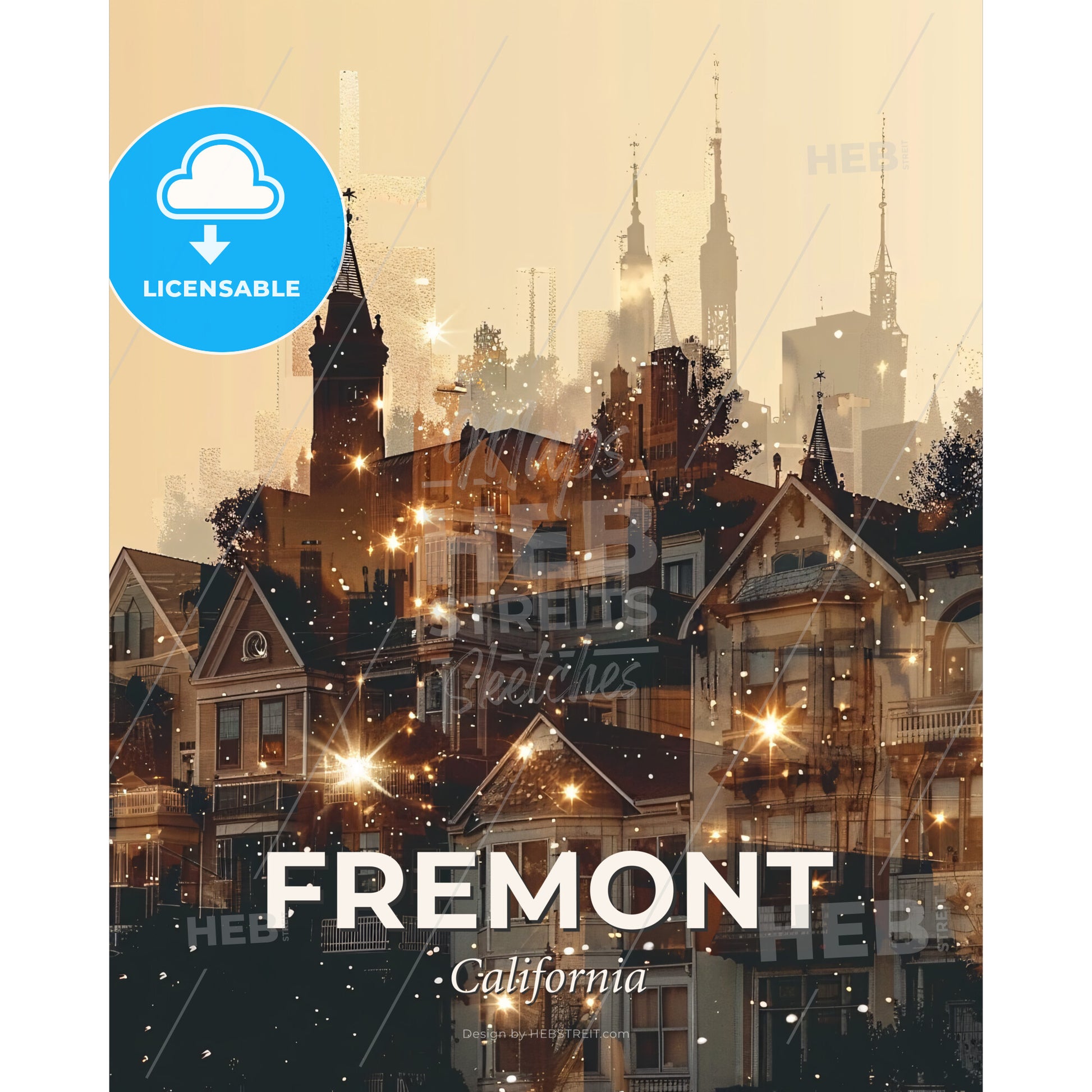 Fremont: City Skyline Art at Night - A city with many buildings - Square format print template