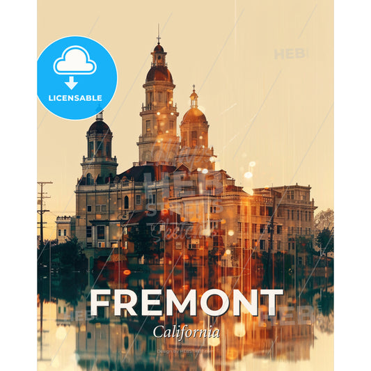 Fremont City Skyline in Subtle Lights - A building with towers and a body of water - Square format print template