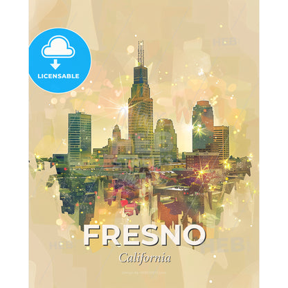 Fresno Skyline Cityscape California Architecture Sparkles - A city skyline with many tall buildings - Square format print template
