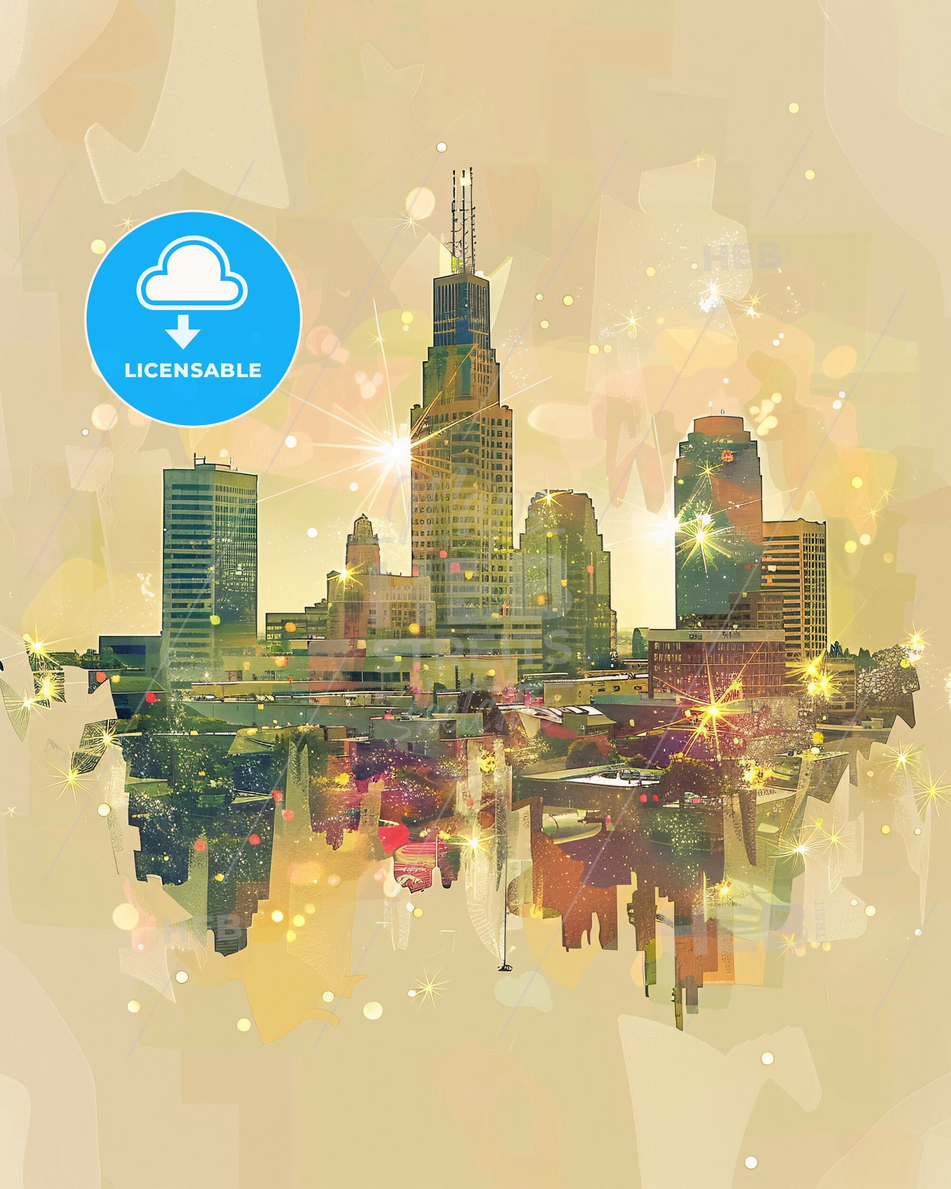 Fresno Skyline Cityscape California Architecture Sparkles - A city skyline with many tall buildings