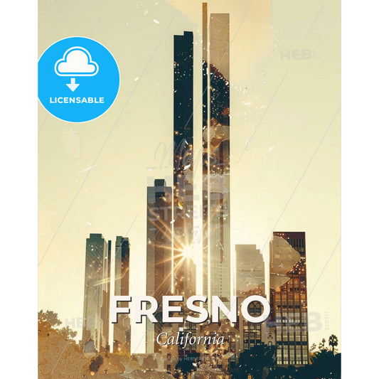 Fresno Skyline - Pastel Hues and Glimmer - A city skyline with a sun shining through it - Square format print template