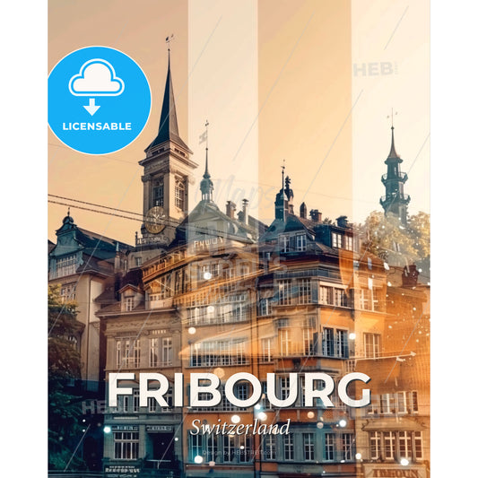 Fribourg Skyline Composite Art Poster - A building with a clock tower - Square format print template