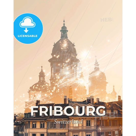 Fribourg City Lights Skyline Poster Art - A building with a dome and a roof - Square format print template