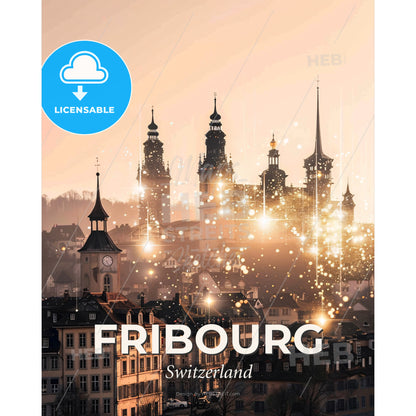 Fribourg Skyline Architectural Composite Poster - A city with many buildings and lights - Square format print template