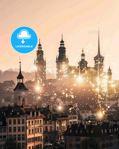 Fribourg Skyline Architectural Composite Poster - A city with many buildings and lights