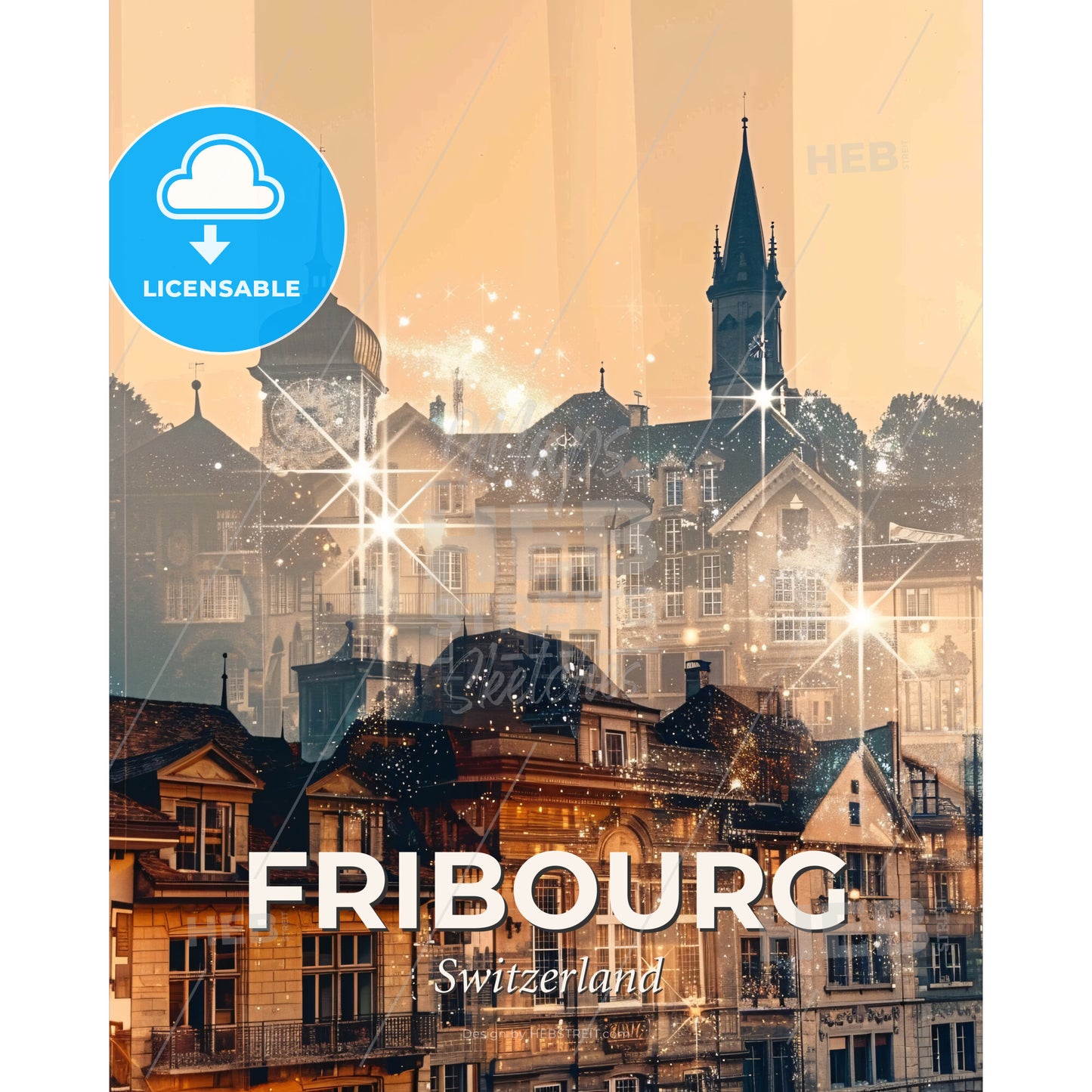 Fribourg Skyline Double Exposure Composite Art - A city with many buildings - Square format print template