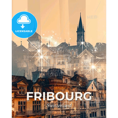 Fribourg Skyline Double Exposure Composite Art - A city with many buildings - Square format print template