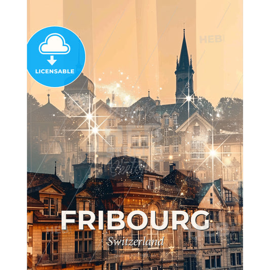 Fribourg Skyline Double Exposure Composite Art - A city with many buildings - Square format print template