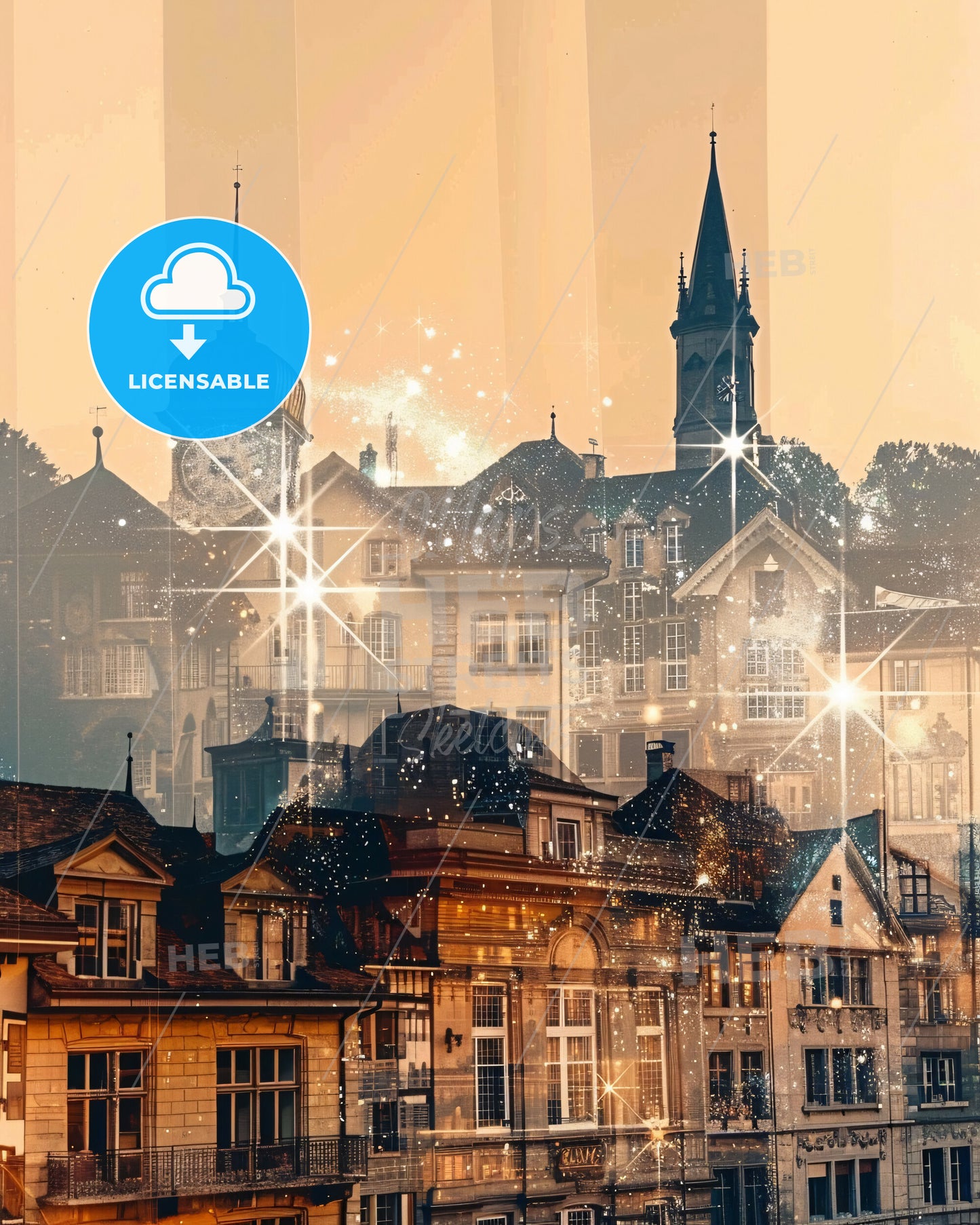 Fribourg Skyline Double Exposure Composite Art - A city with many buildings