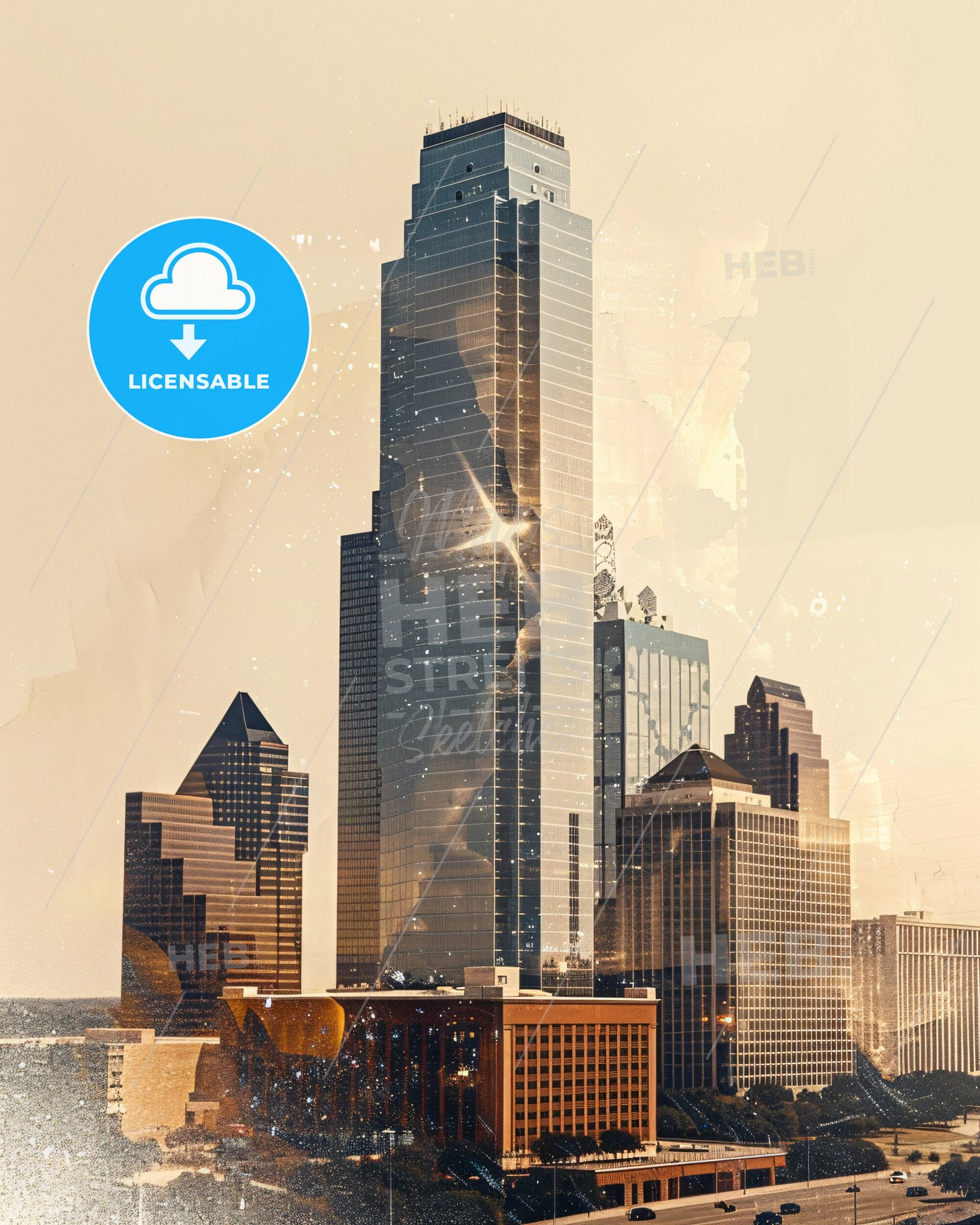 Frisco Texas City Skyline Double Exposure Art - A city skyline with many tall buildings