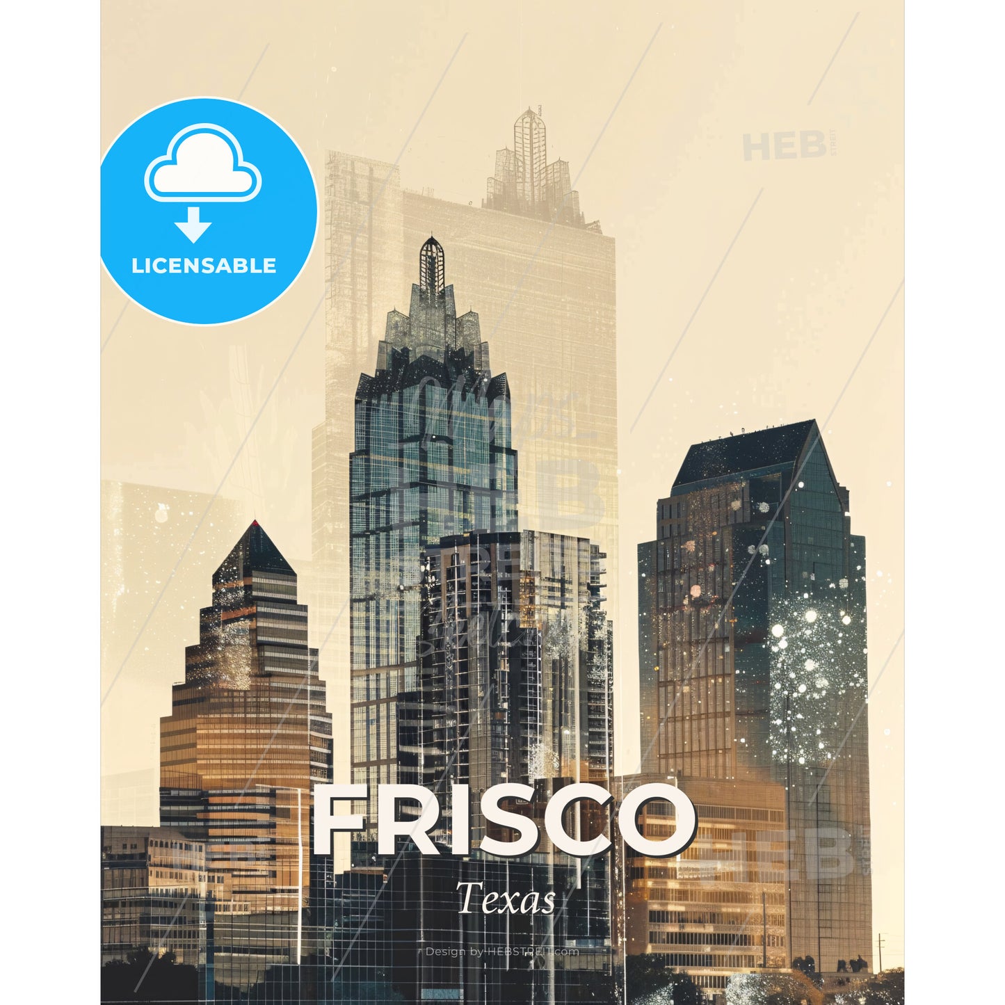 Frisco City Skyline Double Exposure Art Poster - A city skyline with many tall buildings - Square format print template