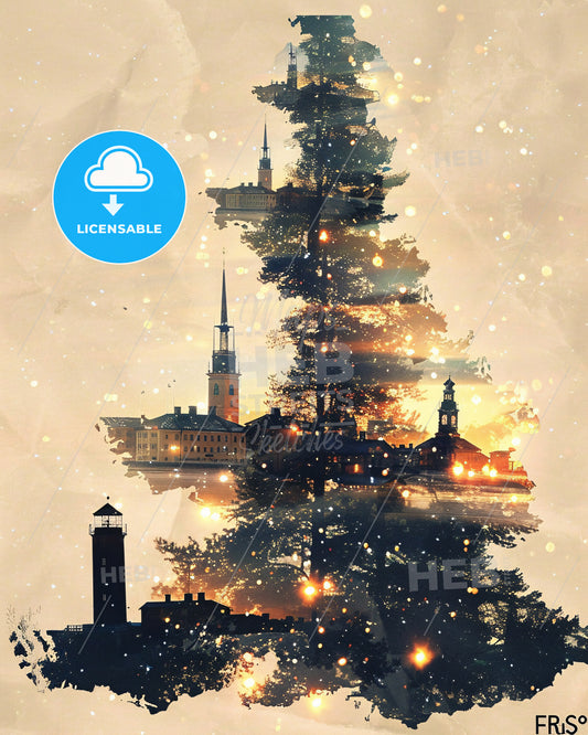Frösö City Skyline Double Exposure Art - A tree with buildings and lights