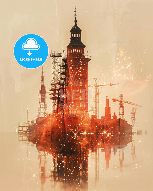 Frösö, Sweden Skyline Double Exposure Print - A tower with a tower and cranes reflected in water