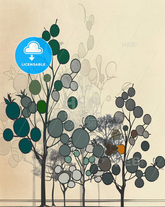 Nature's Essence: Bold Lines, Serene Harmony - A group of trees with circles and leaves