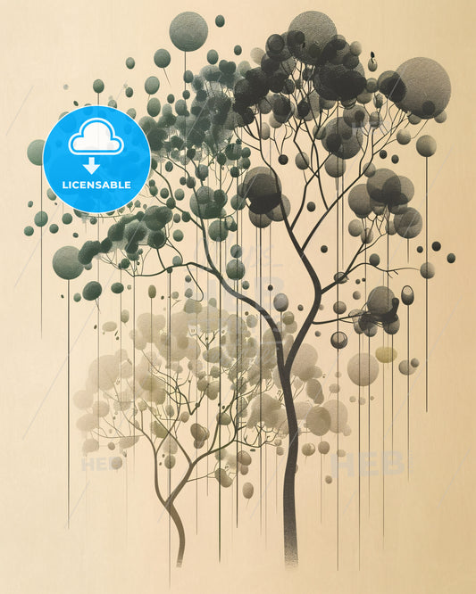 Nature's Grace on Beige, Line Art Charm - A tree with many circles and lines