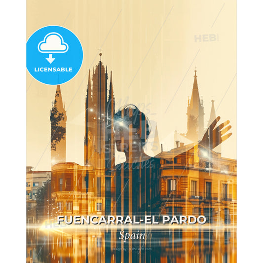 Fuencarral-El Pardo: Double Exposure Cityscape Skyline - A man standing in front of a building - Square format print template