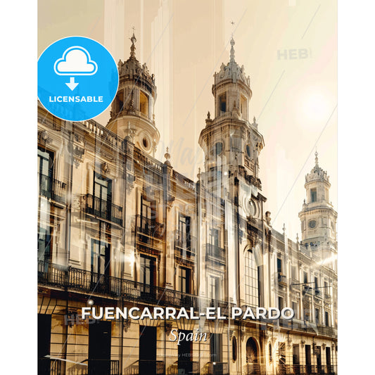 Fuencarral-El Pardo City Skyline Pastel Poster - A building with towers and a sun shining through it - Square format print template