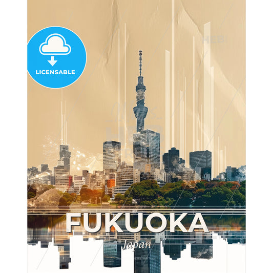 Fukuoka Metropolis Skyline Composite Poster - A city skyline with trees and water - Square format print template