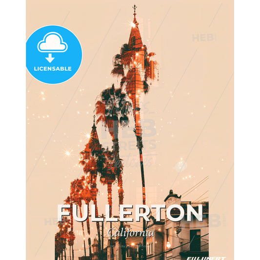 Fullerton City Skyline Double Exposure Composite Art - A tall palm trees and a building - Square format print template