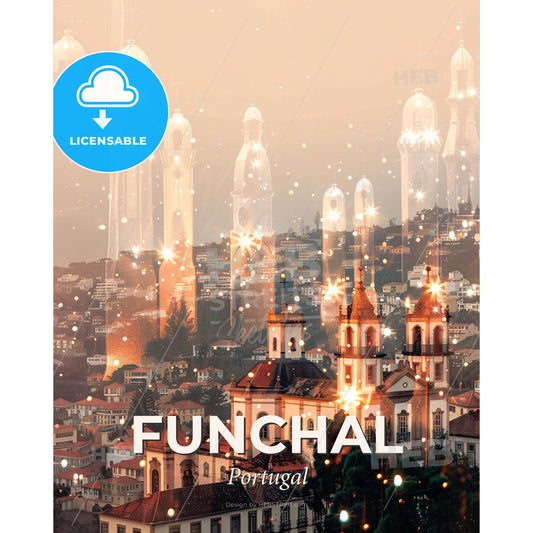 Funchal Cityscape Double Exposure with Local Icons - A city with buildings and lights - Square format print template