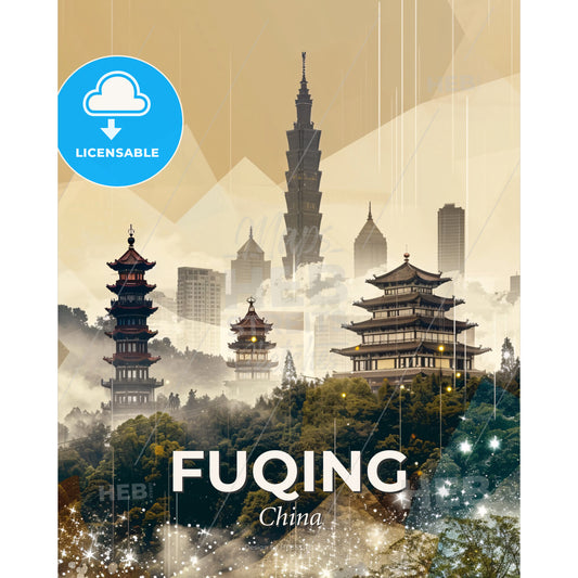 Fuqing, China: Double Exposure Skyline Art - A group of buildings in a city - Square format print template