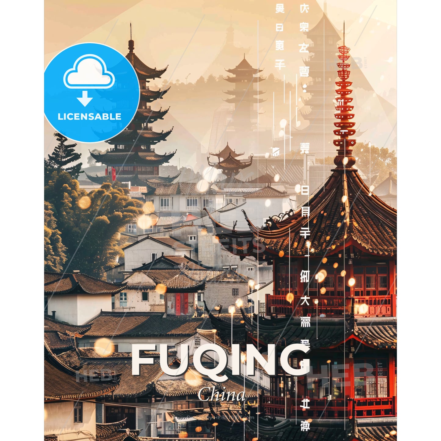 Fuqing Skyline Double Exposure Art Poster - A city with a pagoda and buildings - Square format print template