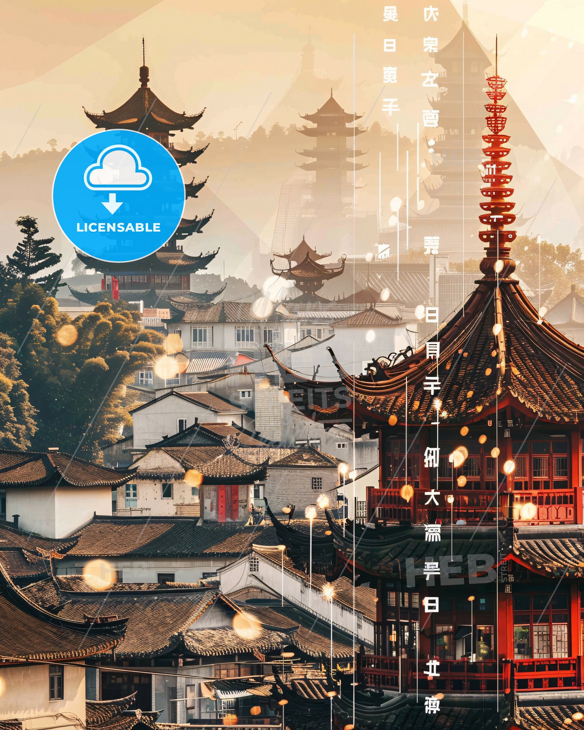 Fuqing Skyline Double Exposure Art Poster - A city with a pagoda and buildings