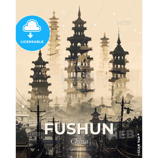 Fushun Skyline Double Exposure Art Poster - A tall buildings with towers and power lines - Square format print template