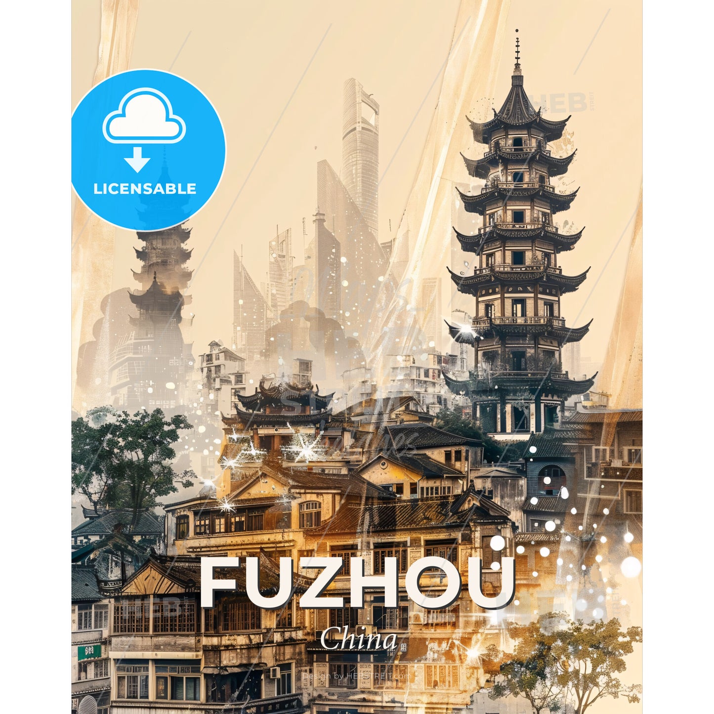 Fuzhou Memory of China Skyline Poster - A building with a tall tower - Square format print template